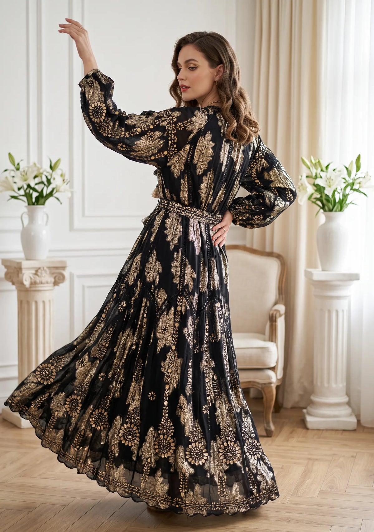 Women’s Printed Cotton Lurex Embroidered Long Dress - Mavi
