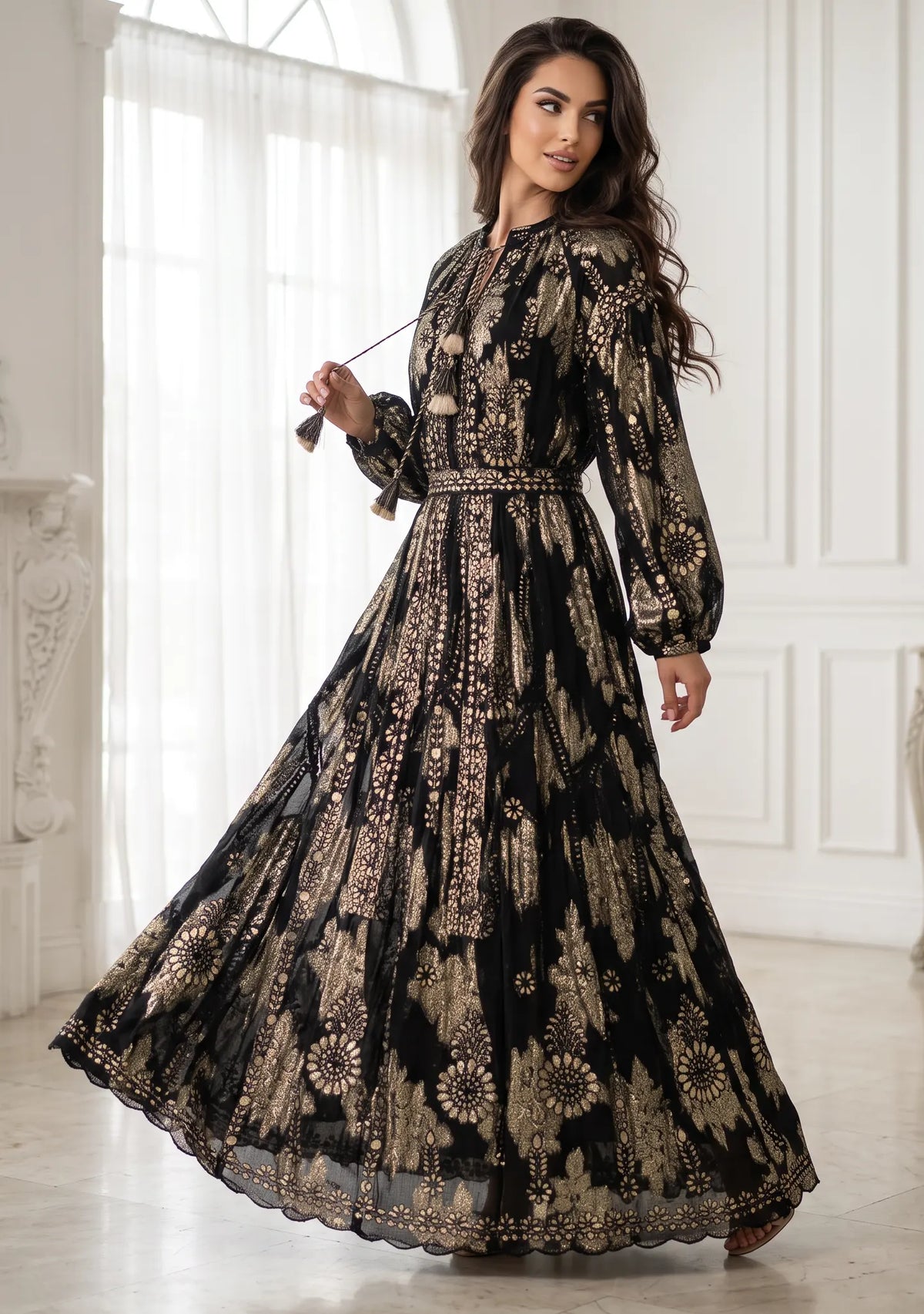 Women’s Printed Cotton Lurex Embroidered Long Dress - Mavi