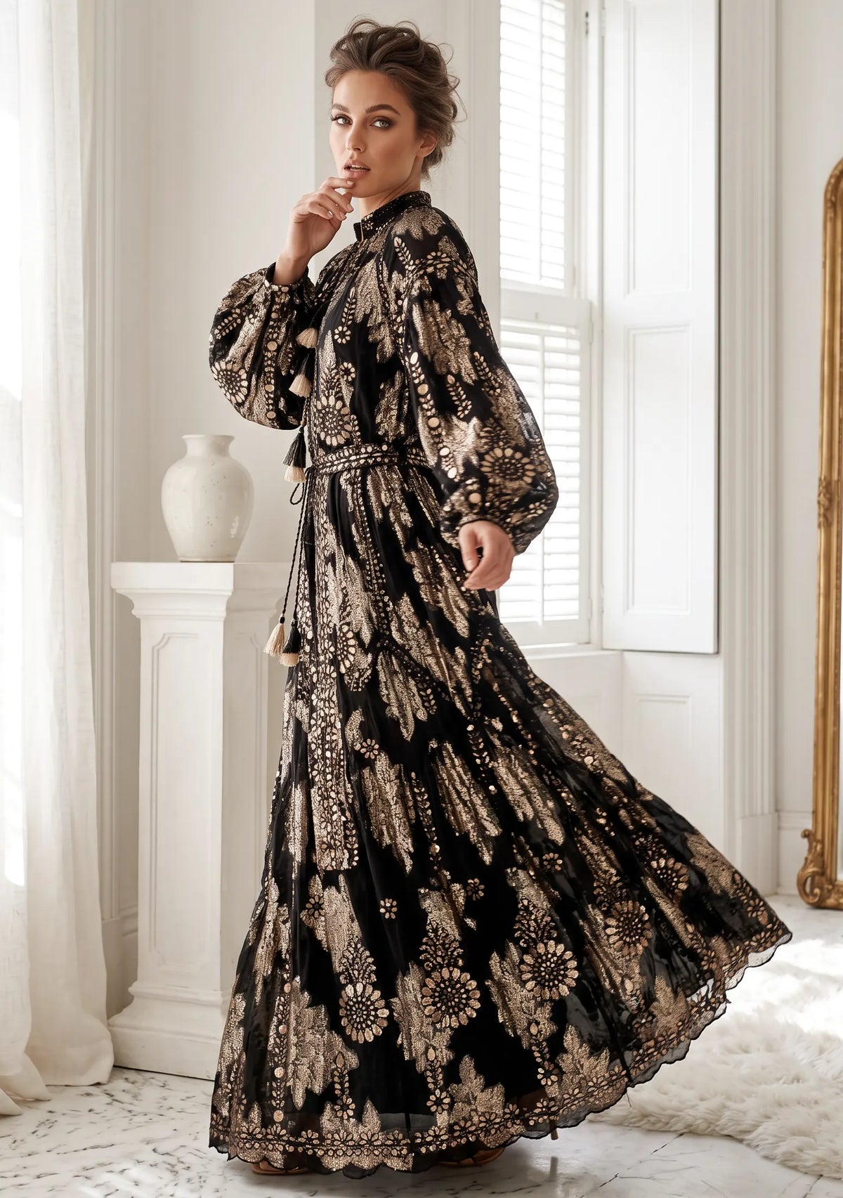 Women’s Printed Cotton Lurex Embroidered Long Dress - Mavi
