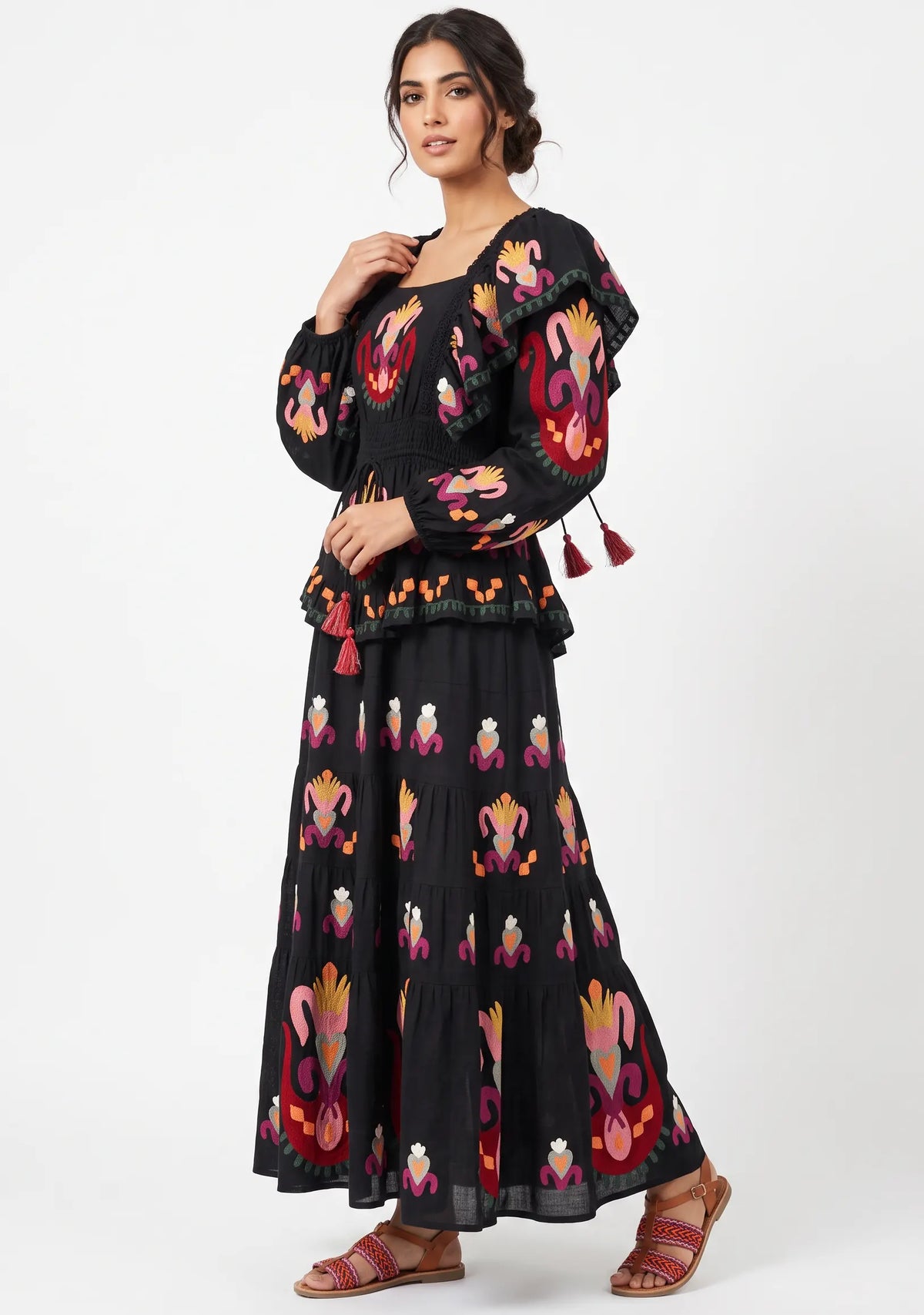 Women’s Cotton Hand-Embroidered Tiered Maxi Dress - Sona