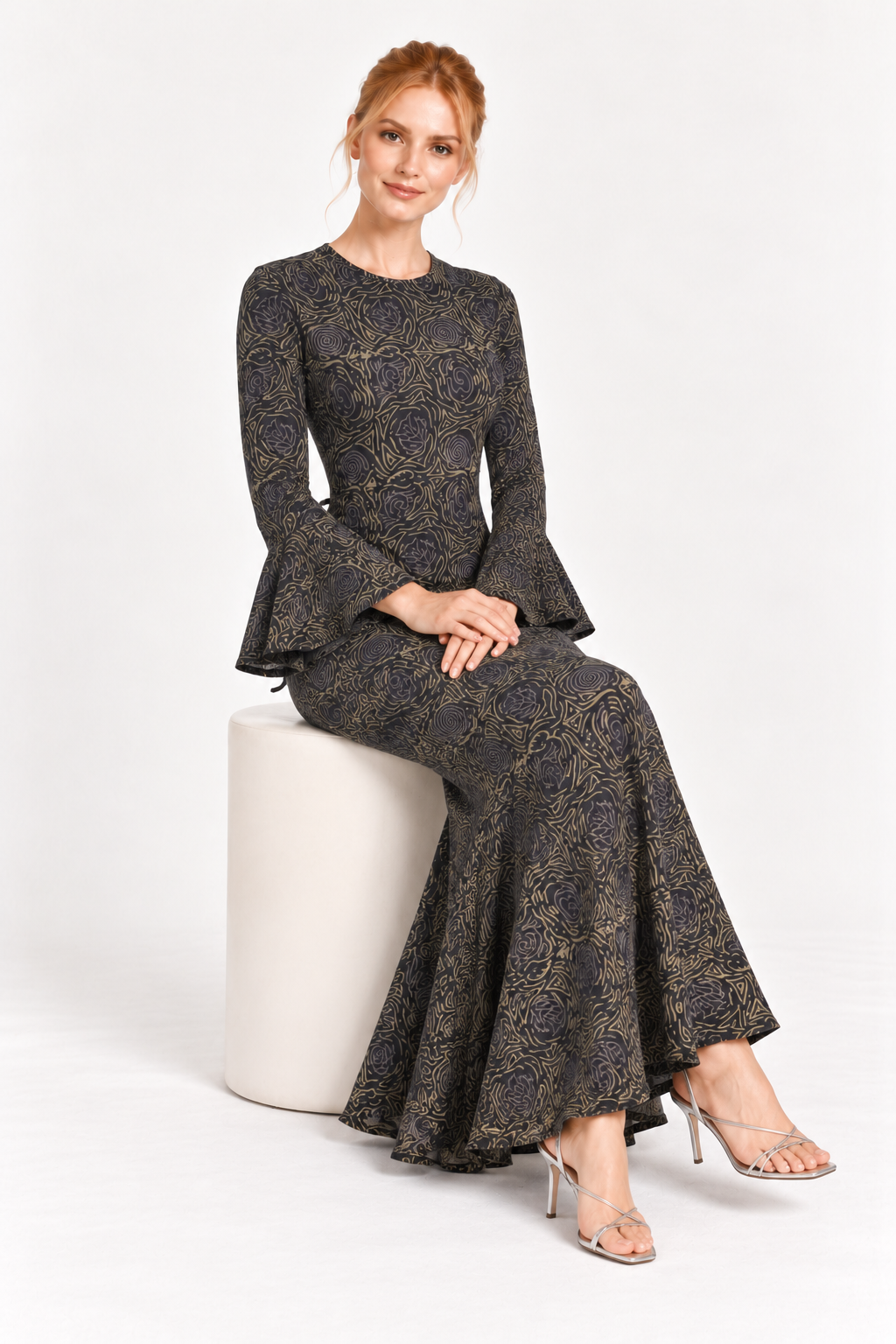 Floby printed cotton long dress in Black