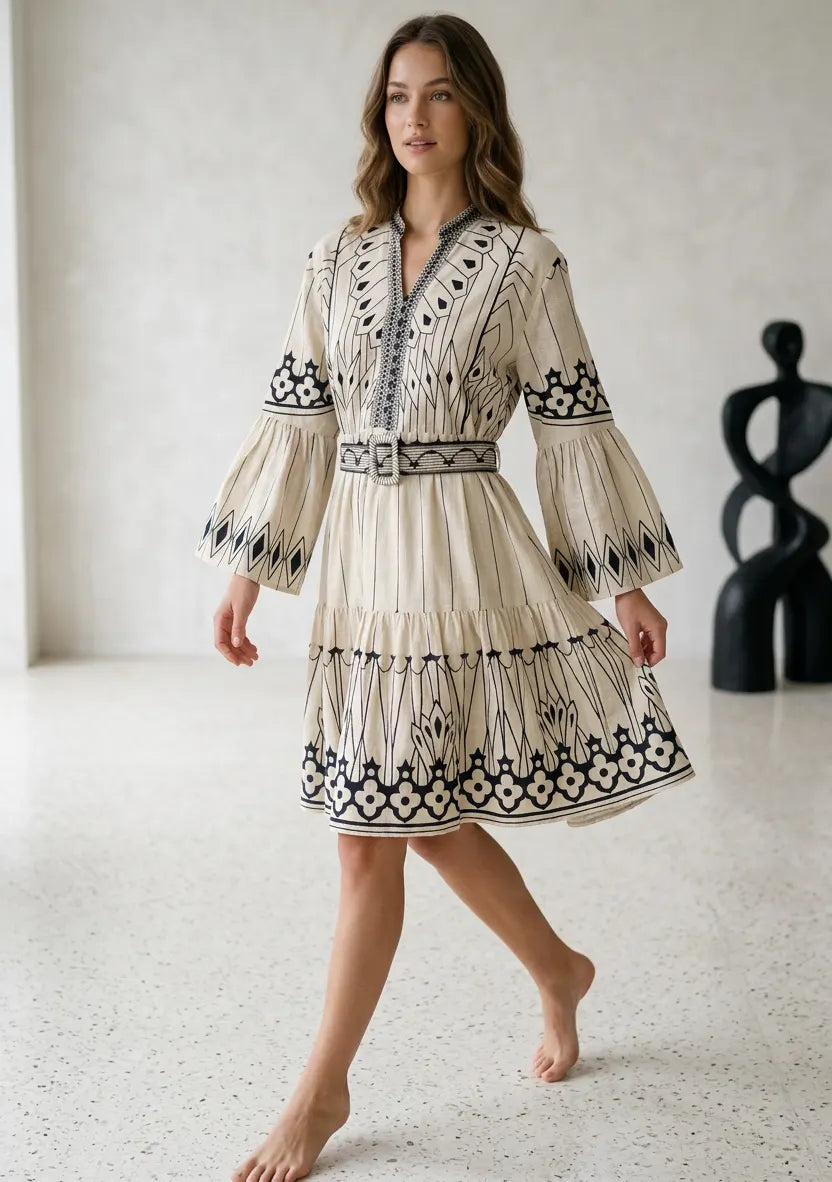 Meerab Short Tunic in Ivory & Black with Bell Sleeves | ibBan