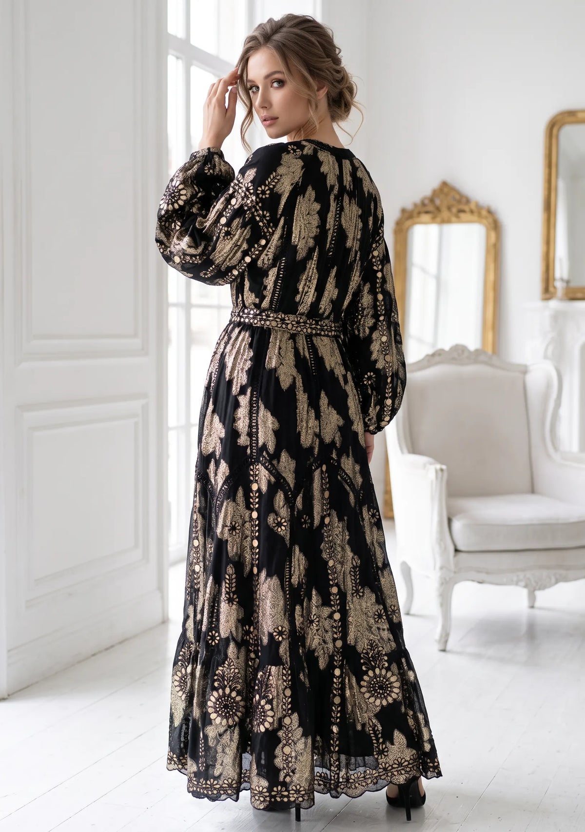 Women’s Printed Cotton Lurex Embroidered Long Dress - Mavi