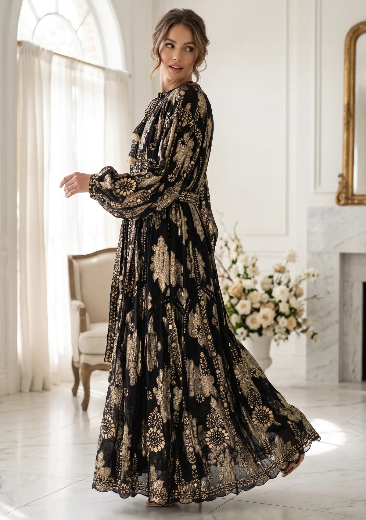 Women’s Printed Cotton Lurex Embroidered Long Dress - Mavi