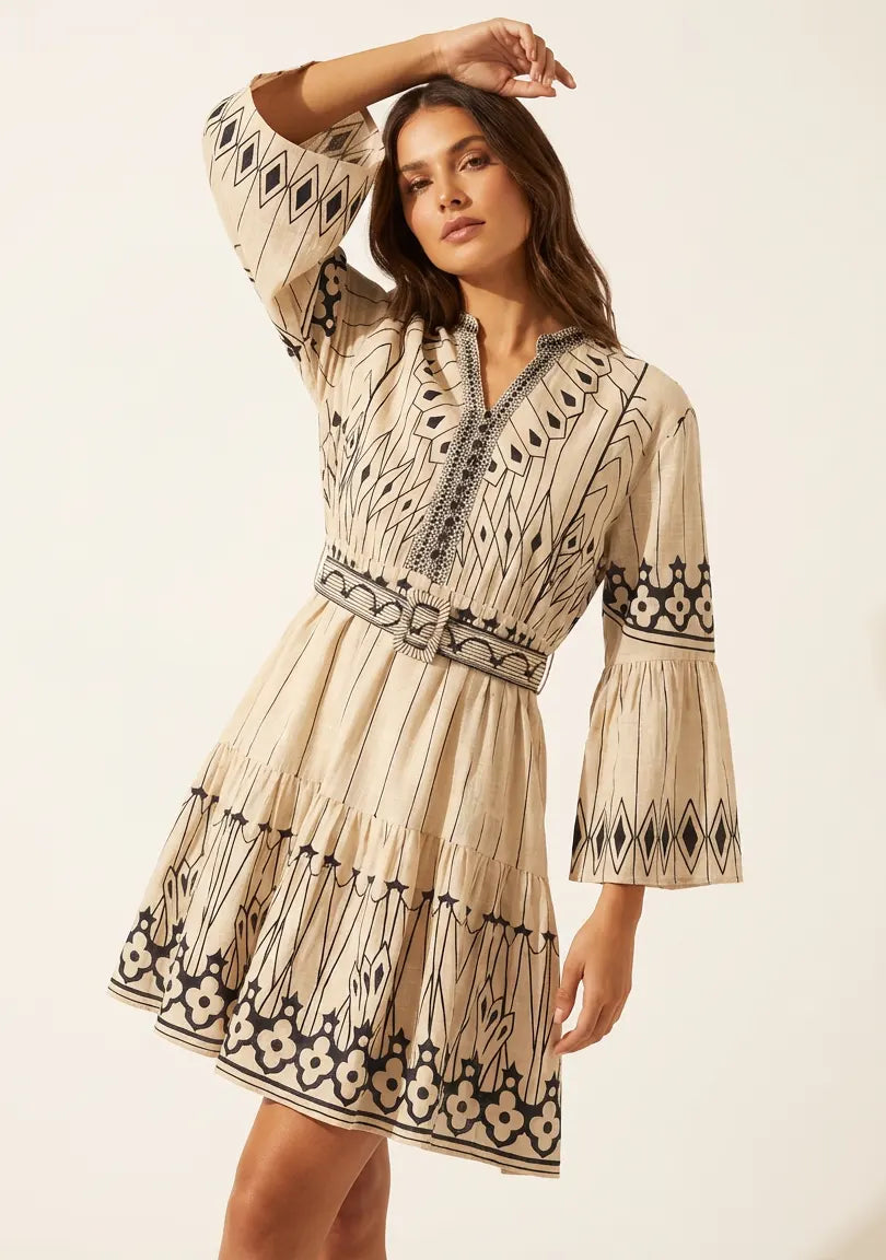 Meerab Short Tunic in Ivory & Black with Bell Sleeves | ibBan