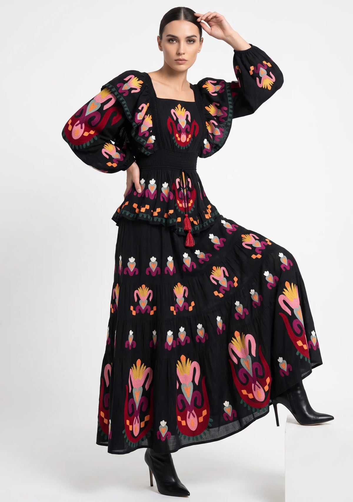 Women’s Cotton Hand-Embroidered Tiered Maxi Dress - Sona