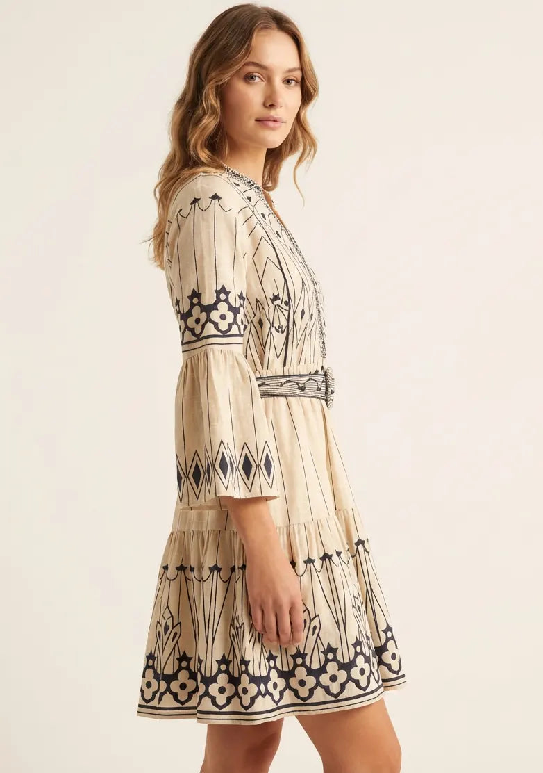 Meerab Short Tunic in Ivory & Black with Bell Sleeves | ibBan