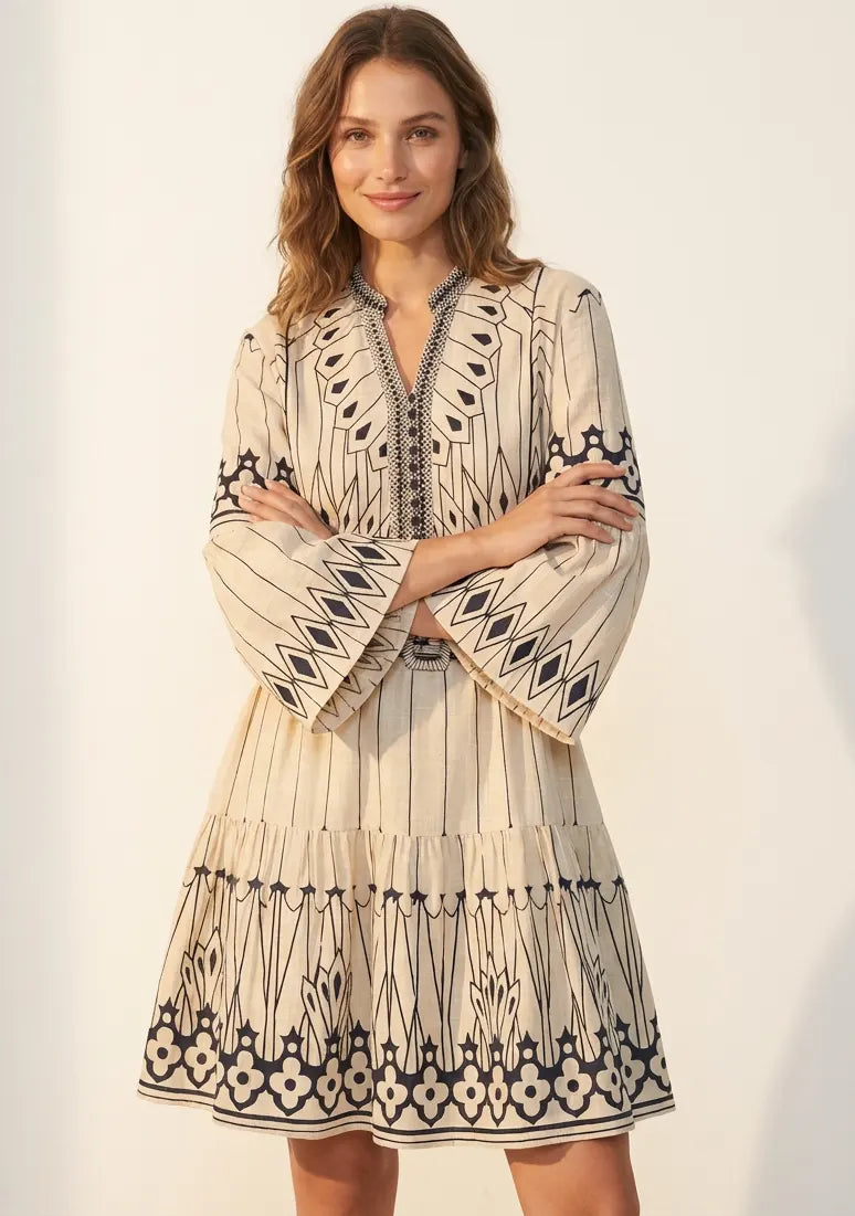Meerab Short Tunic in Ivory & Black with Bell Sleeves | ibBan