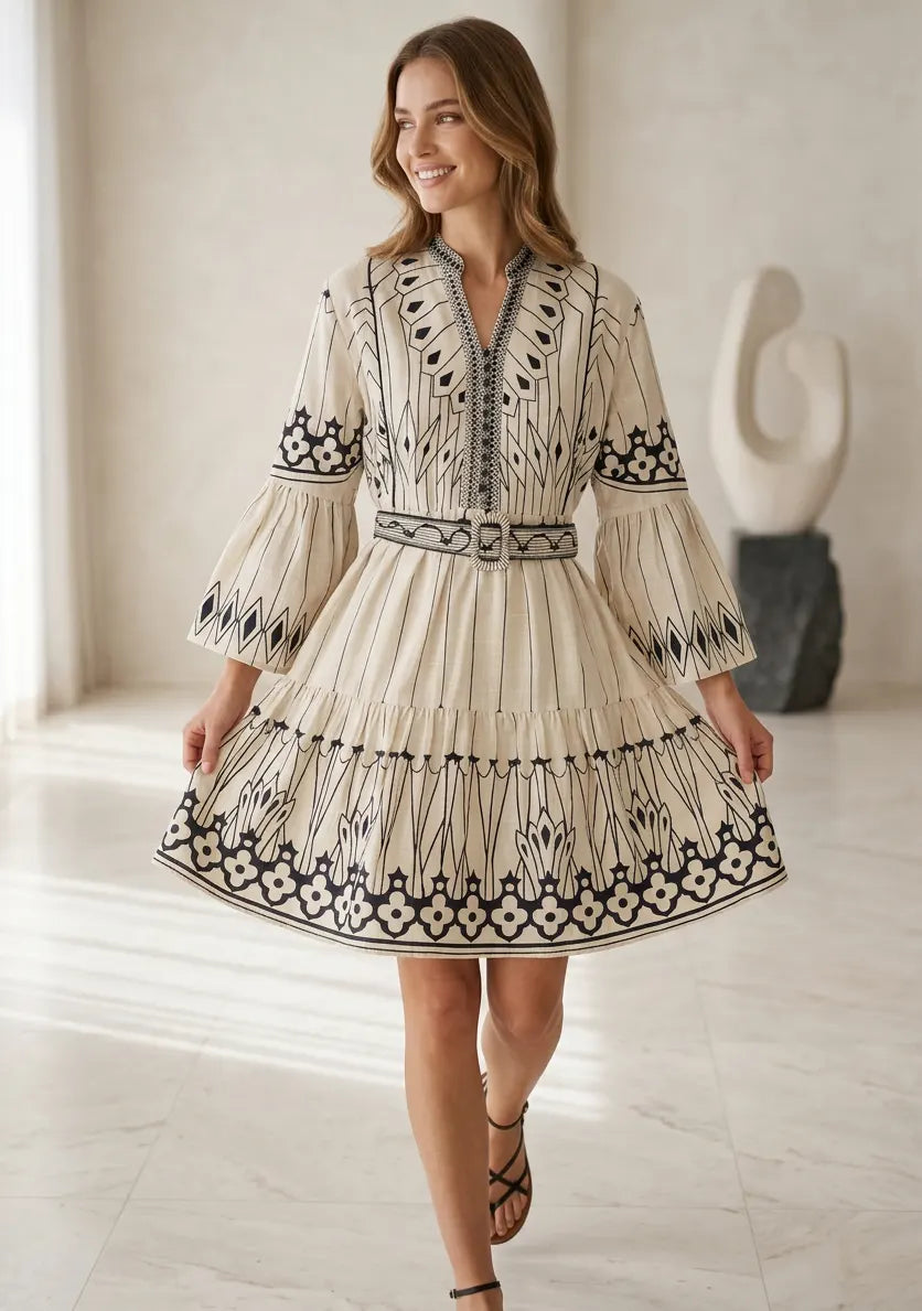 Meerab Short Tunic in Ivory & Black with Bell Sleeves | ibBan