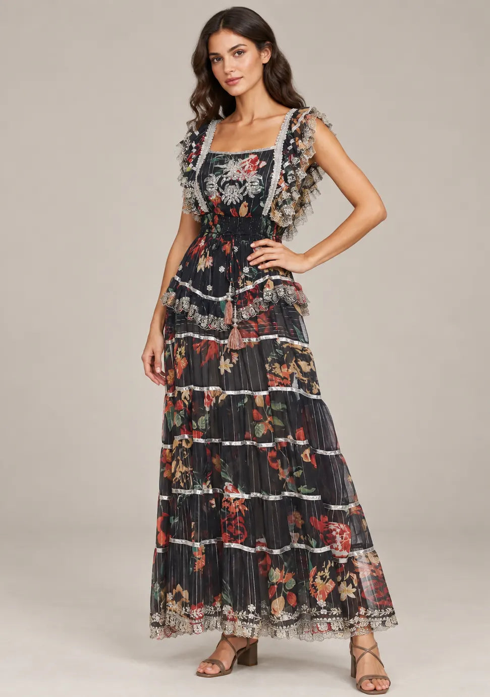 Floral Hand-Embroidered Cotton Georgette Long Dress -Kausar
