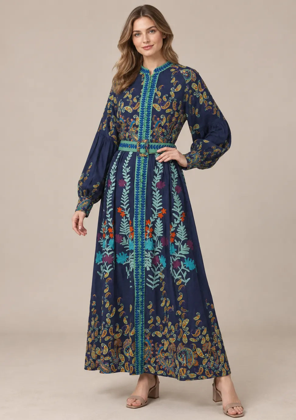 Women’s Cotton Jersey Embroidered Maxi Dress with Belt - Minja