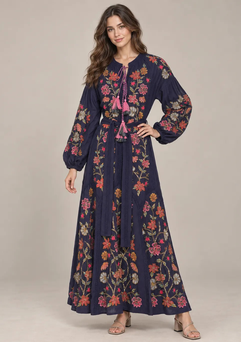 Women’s Cotton Long Dress with Floral Hand Embroidery -Ravila