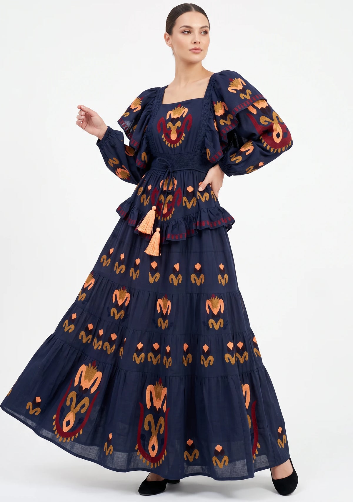 Women’s Cotton Hand-Embroidered Tiered Maxi Dress - Sona