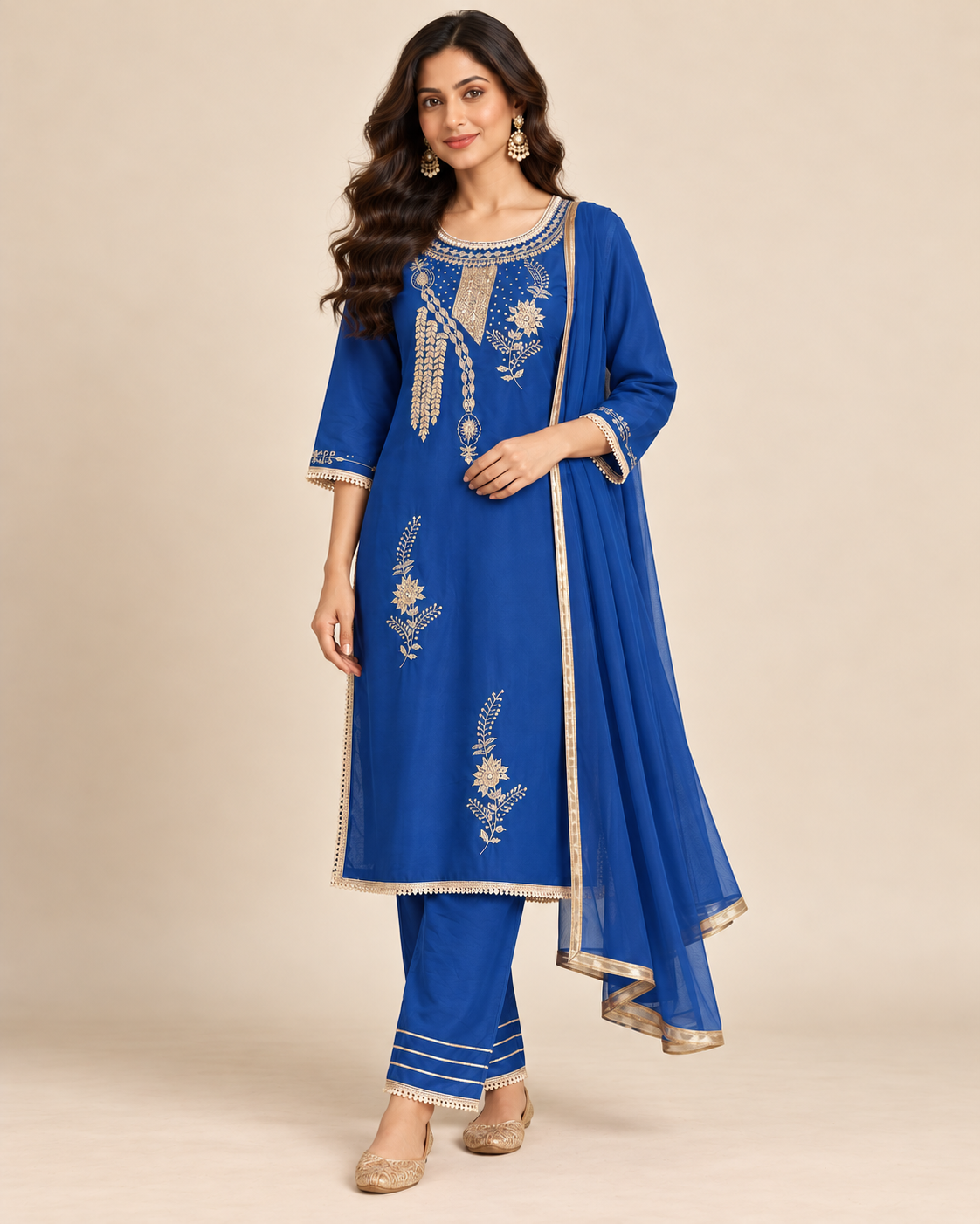 Afsu Royal Blue Embroidered Kurta Set with Trousers & Dupatta | ibBan