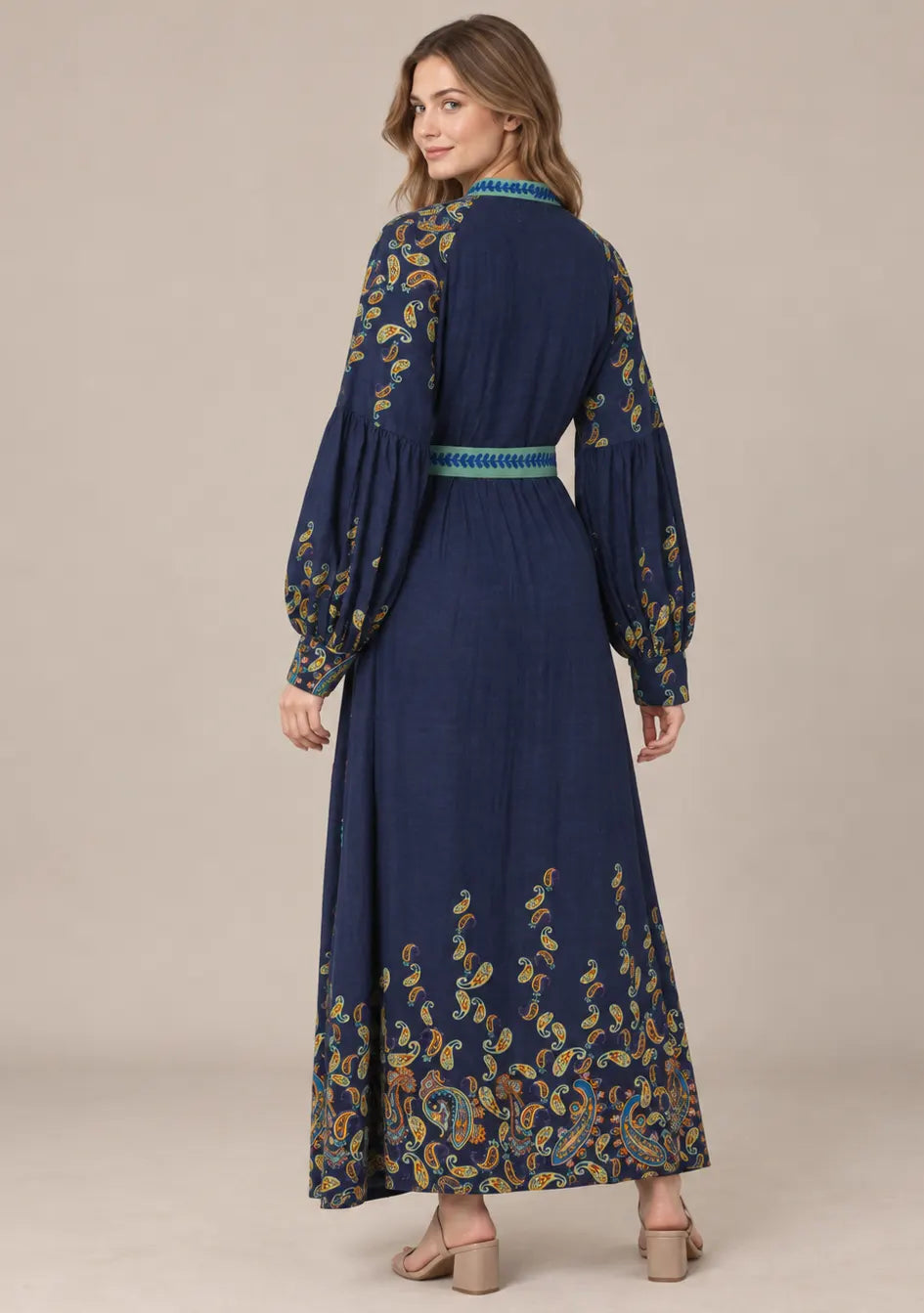 Women’s Cotton Jersey Embroidered Maxi Dress with Belt - Minja
