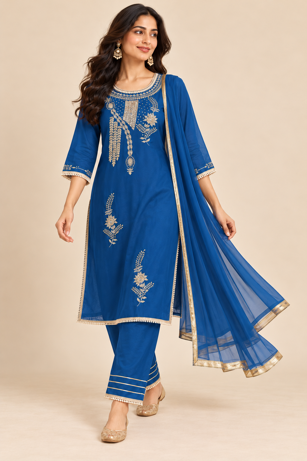 Afsu Royal Blue Embroidered Kurta Set with Trousers & Dupatta | ibBan