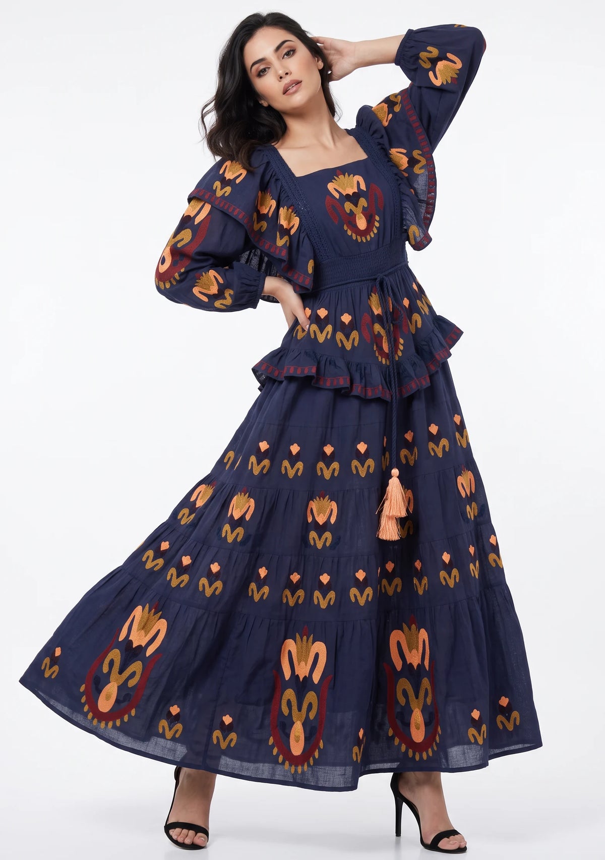 Women’s Cotton Hand-Embroidered Tiered Maxi Dress - Sona