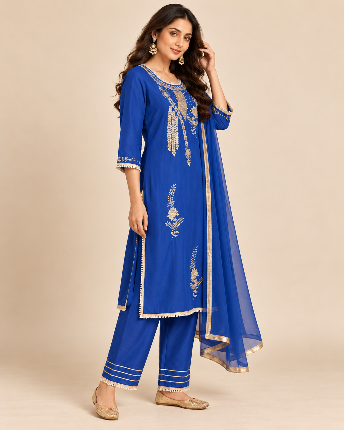 Afsu Royal Blue Embroidered Kurta Set with Trousers & Dupatta | ibBan