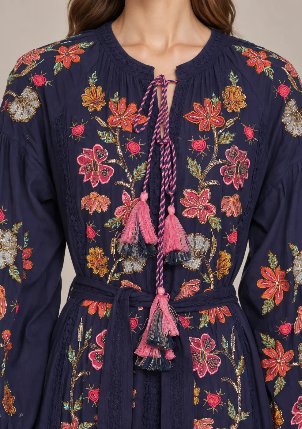 Women’s Cotton Long Dress with Floral Hand Embroidery -Ravila