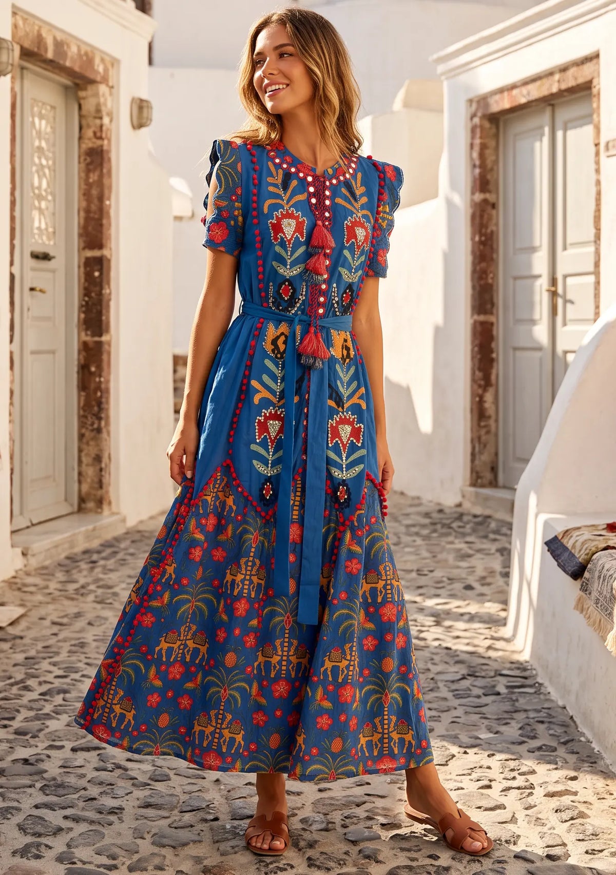 Women’s Blue Printed Cotton Hand Embroidery Dress - Yamna