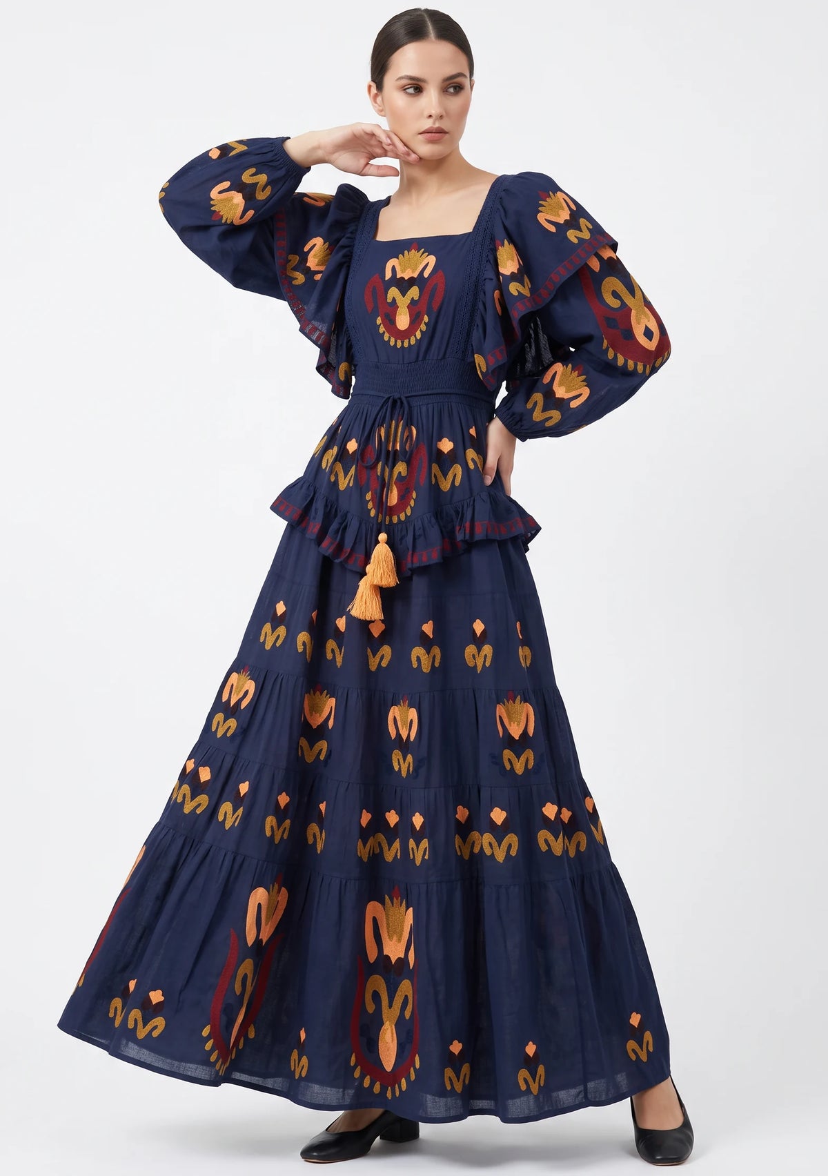 Women’s Cotton Hand-Embroidered Tiered Maxi Dress - Sona