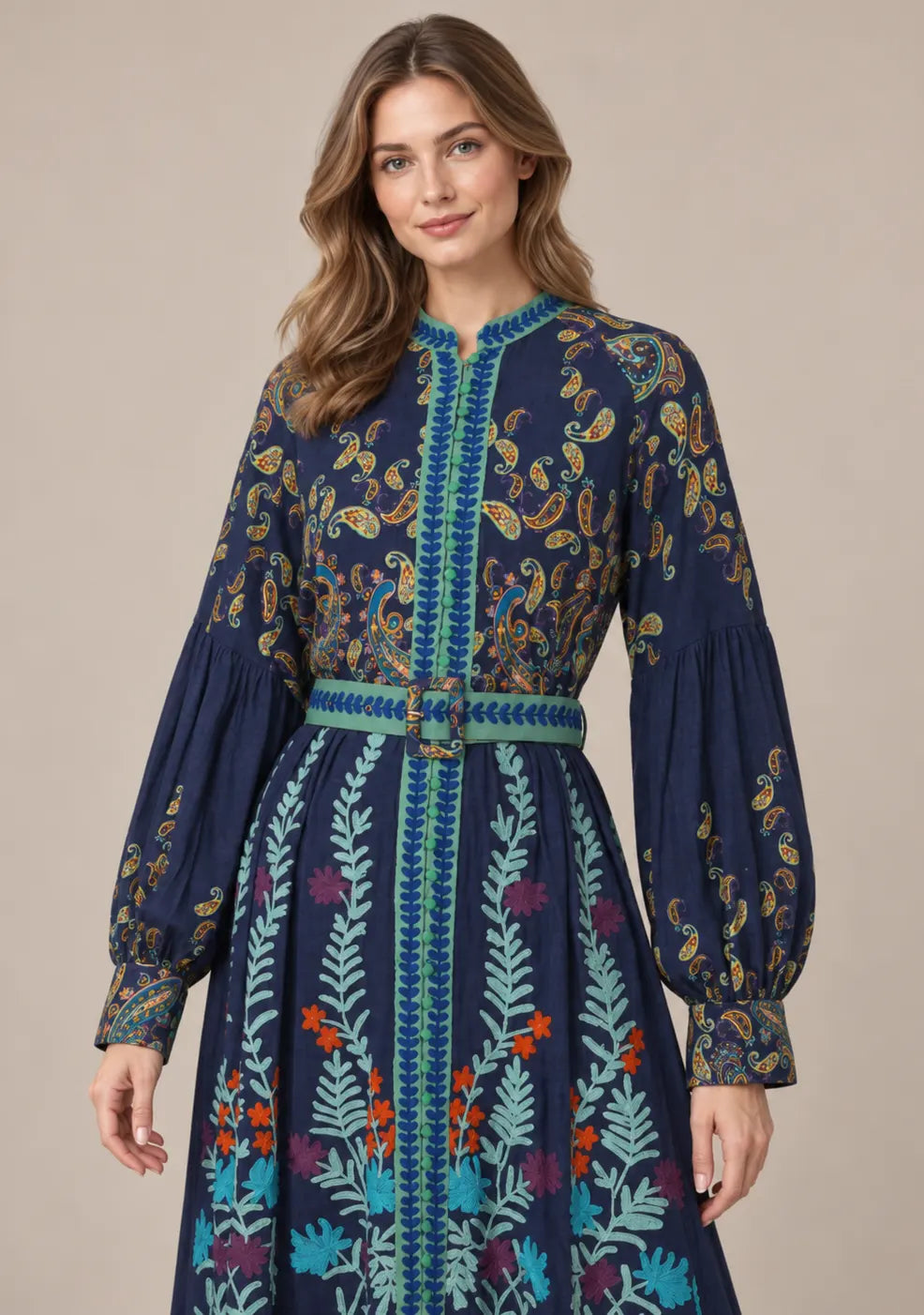 Women’s Cotton Jersey Embroidered Maxi Dress with Belt - Minja
