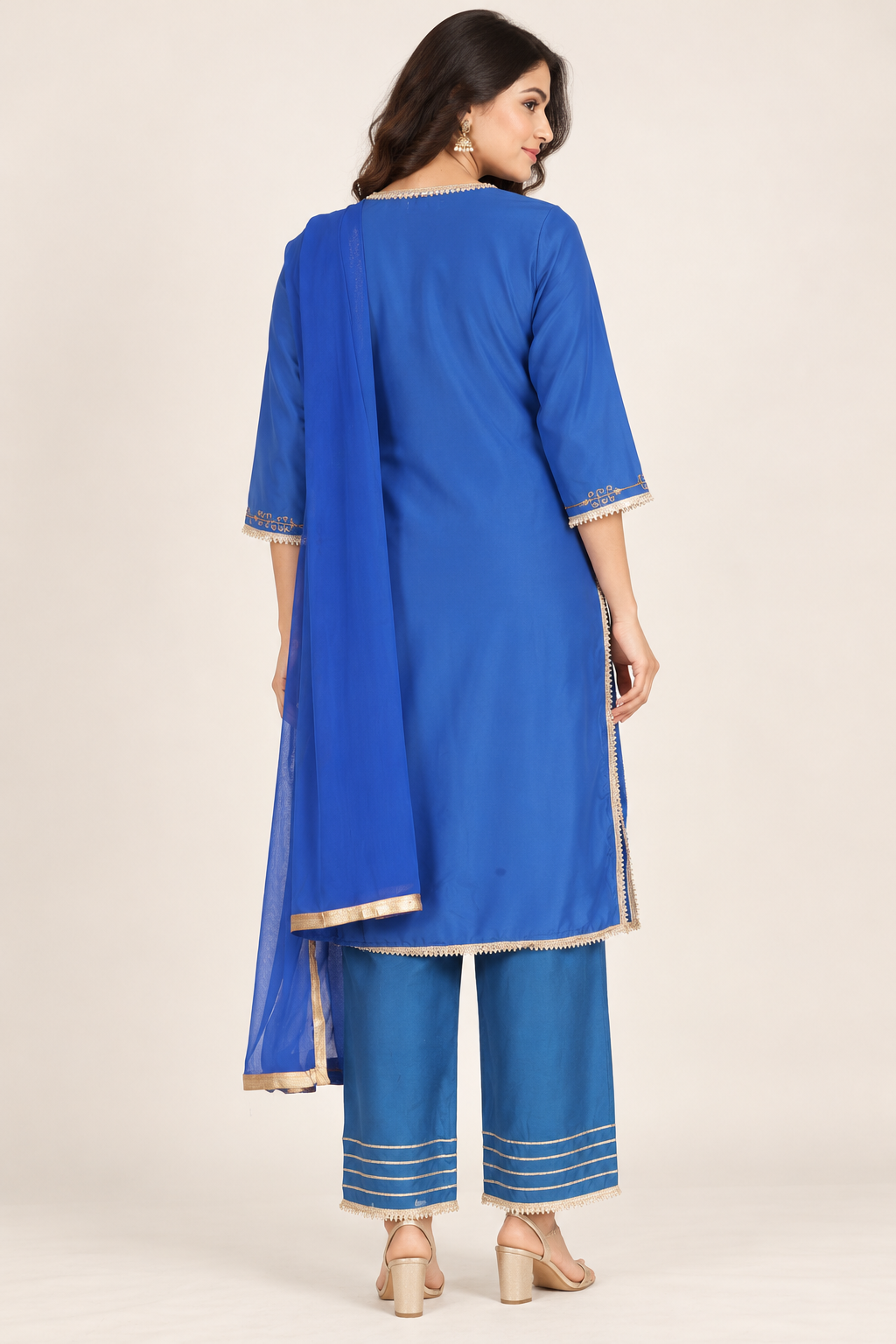 Afsu Royal Blue Embroidered Kurta Set with Trousers & Dupatta | ibBan