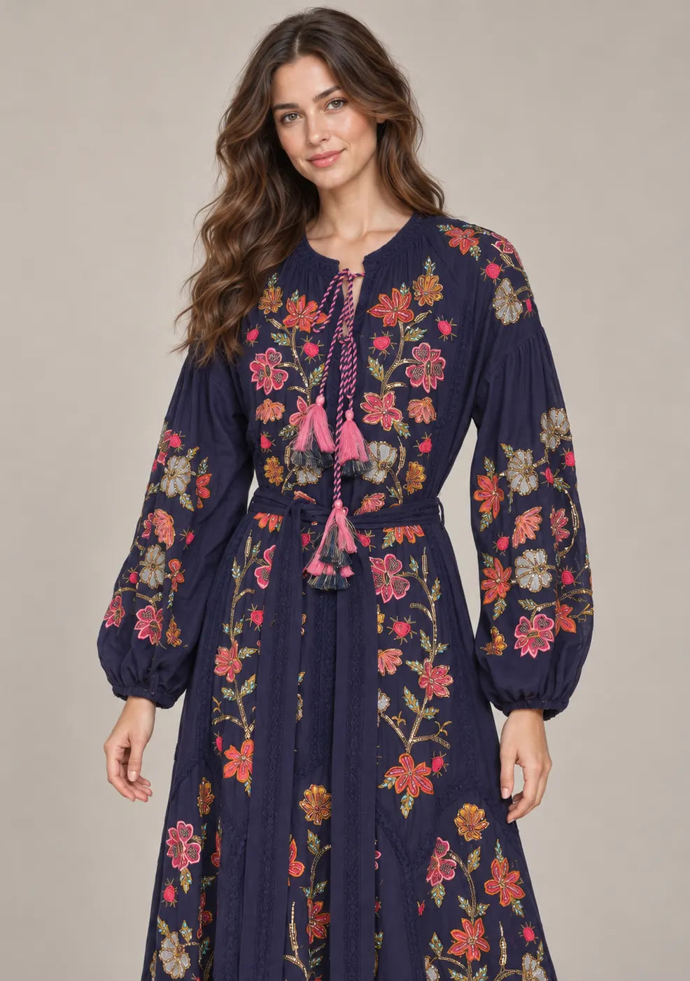 Women’s Cotton Long Dress with Floral Hand Embroidery -Ravila
