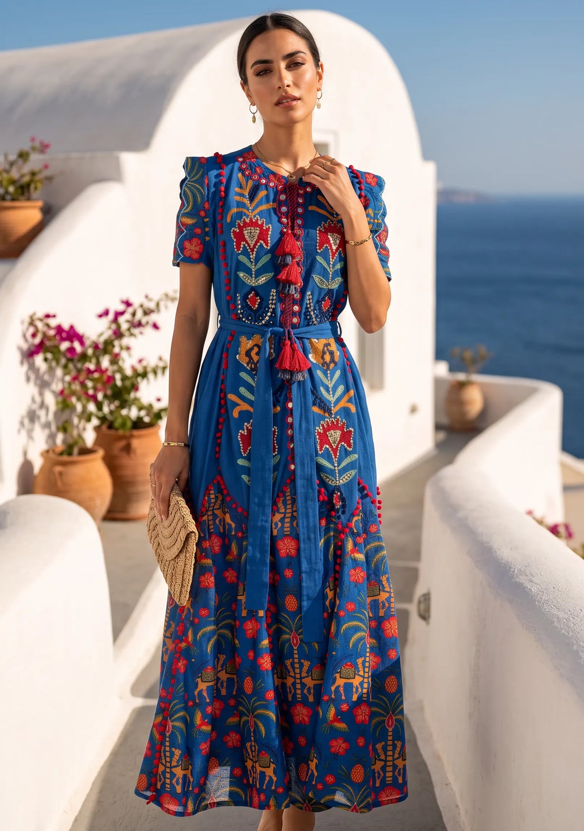 Women’s Blue Printed Cotton Hand Embroidery Dress - Yamna