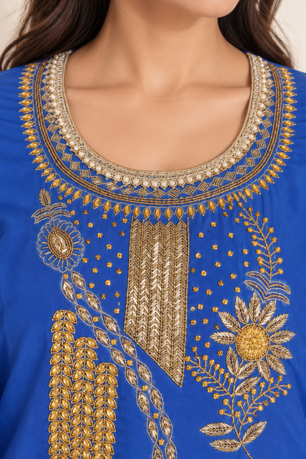 Afsu Royal Blue Embroidered Kurta Set with Trousers & Dupatta | ibBan