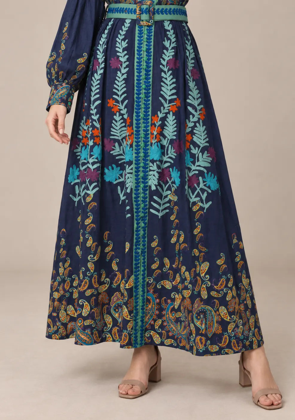 Women’s Cotton Jersey Embroidered Maxi Dress with Belt - Minja