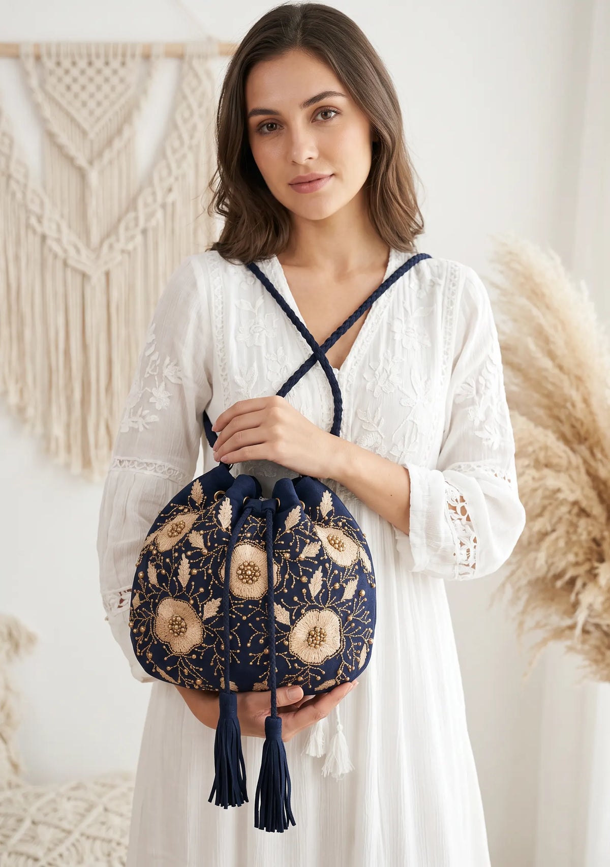 ibBan Hand-Embroidered Canvas Potli Bag with Beadwork - Johri