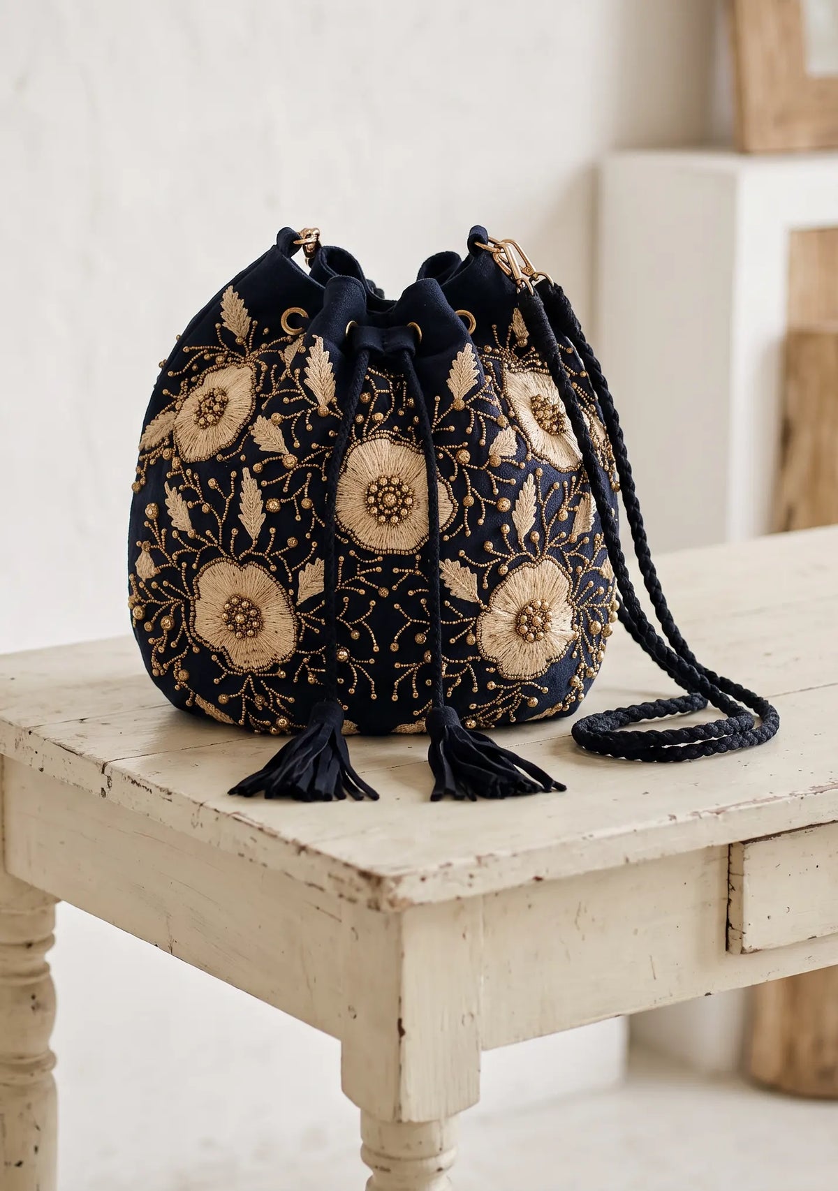 ibBan Hand-Embroidered Canvas Potli Bag with Beadwork - Johri