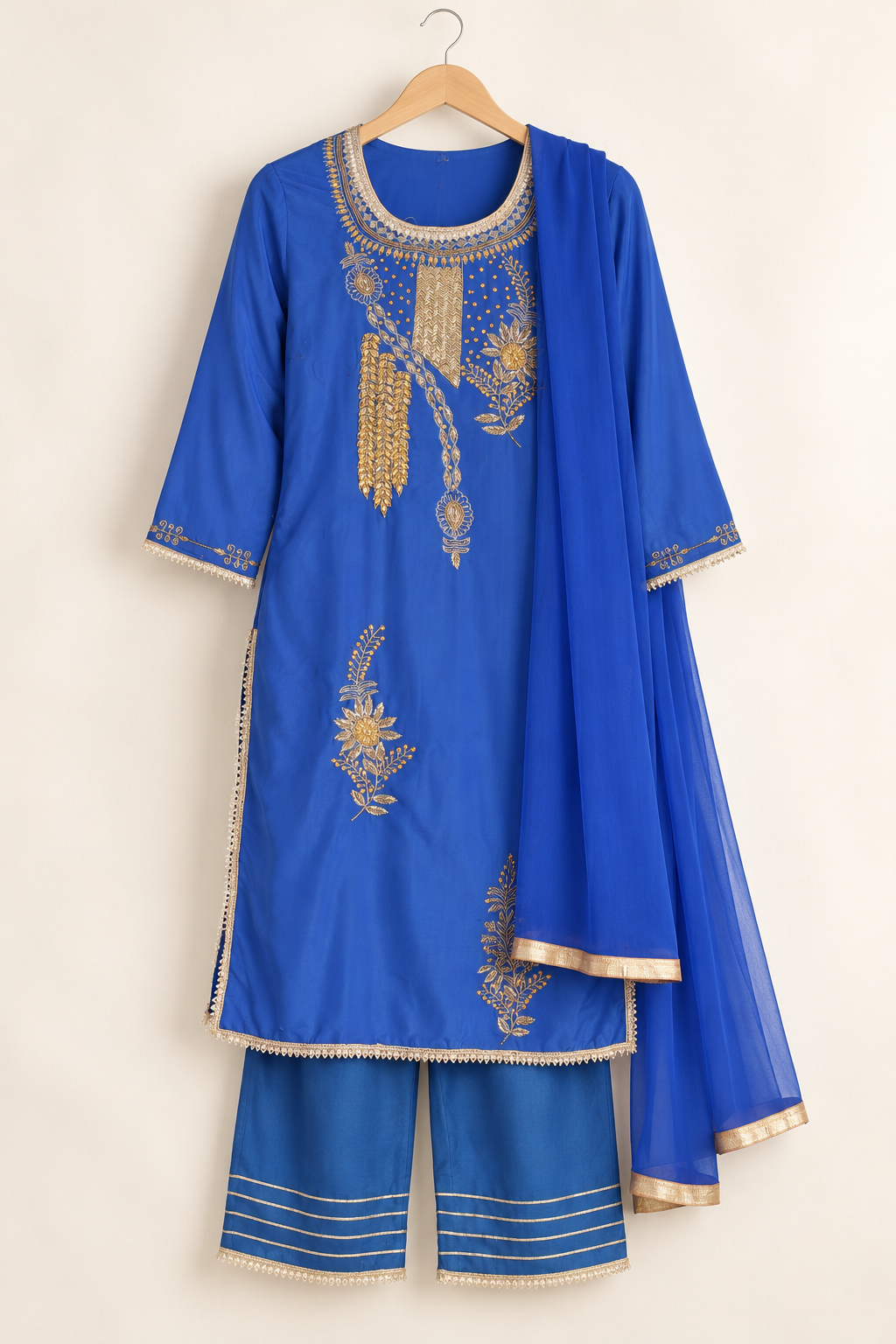 Afsu Royal Blue Embroidered Kurta Set with Trousers & Dupatta | ibBan