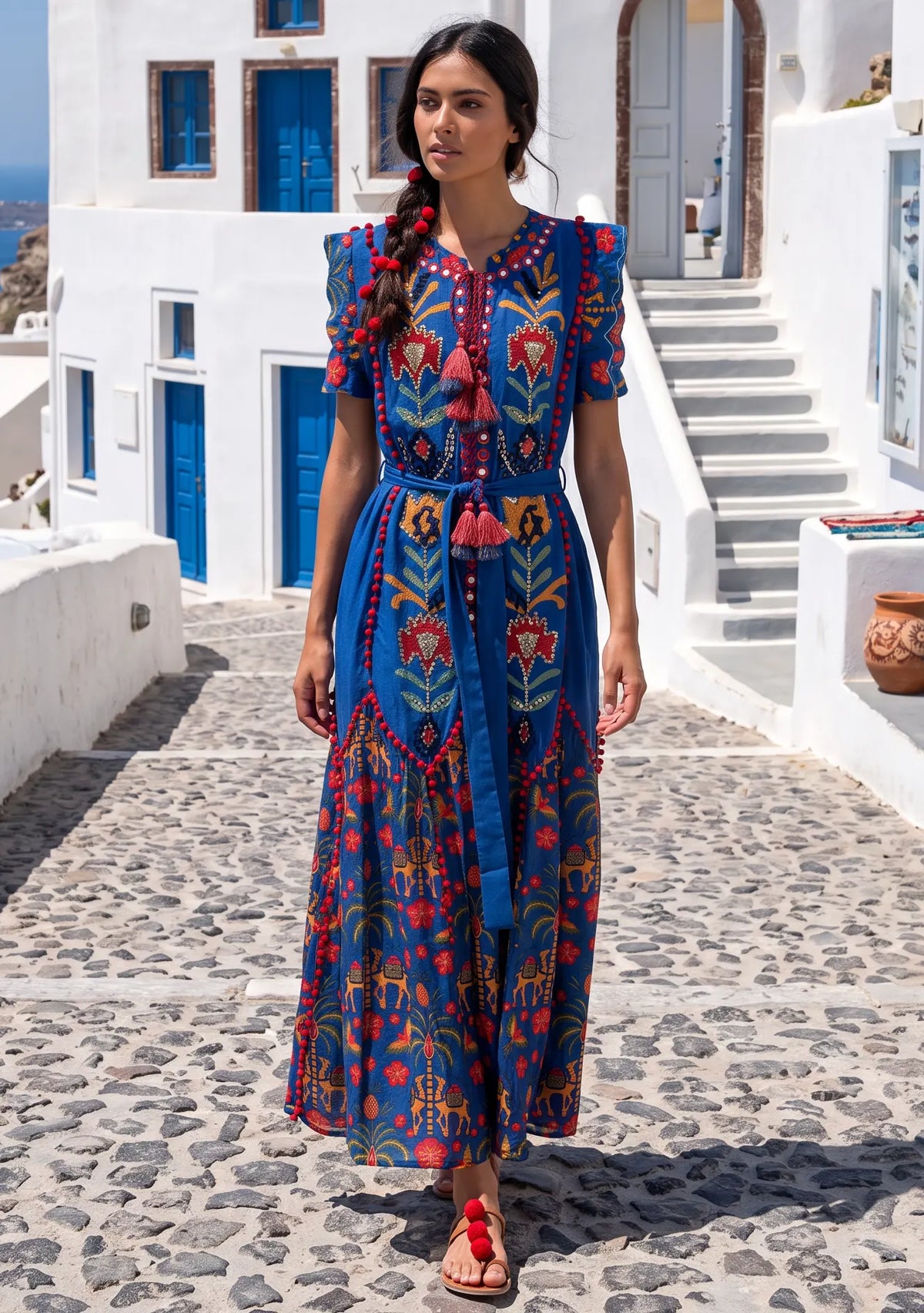 Women’s Blue Printed Cotton Hand Embroidery Dress - Yamna