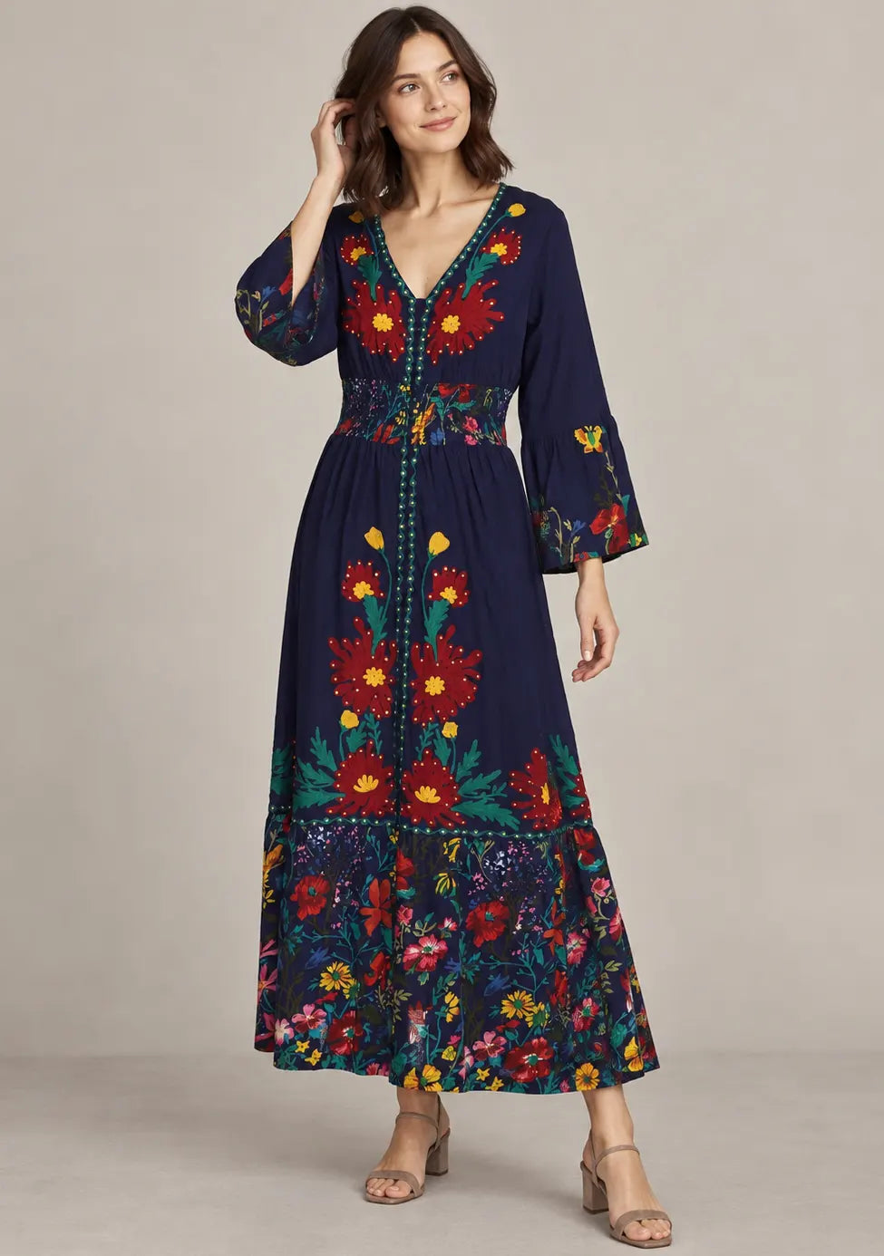 Women’s Cotton Jersey Floral Maxi Dress with Hand Embroidery - Fazli