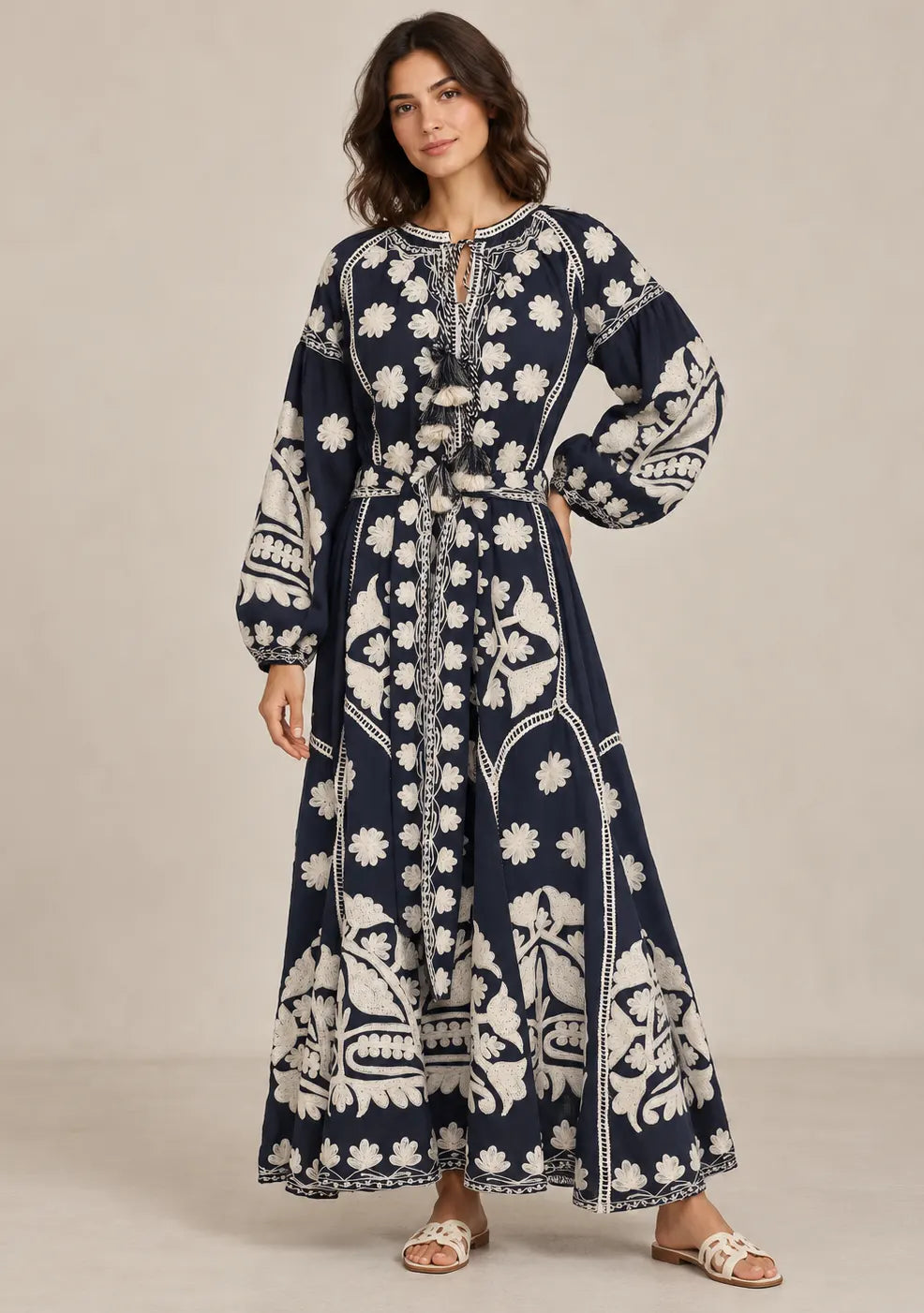 Women’s Cotton Embroidered Floral Long Dress - Ayat