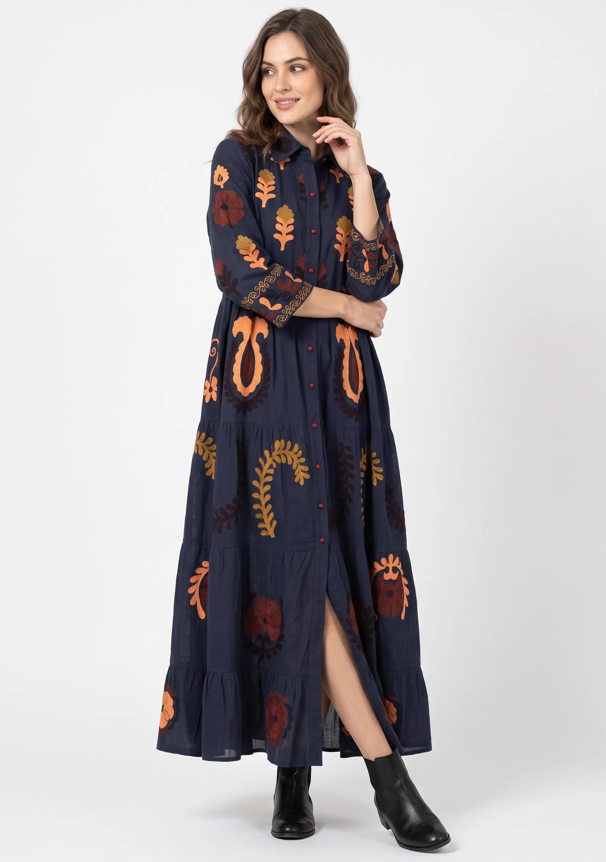 Women’s Cotton Hand-Embroidered Tiered Long Tunic - Ambir