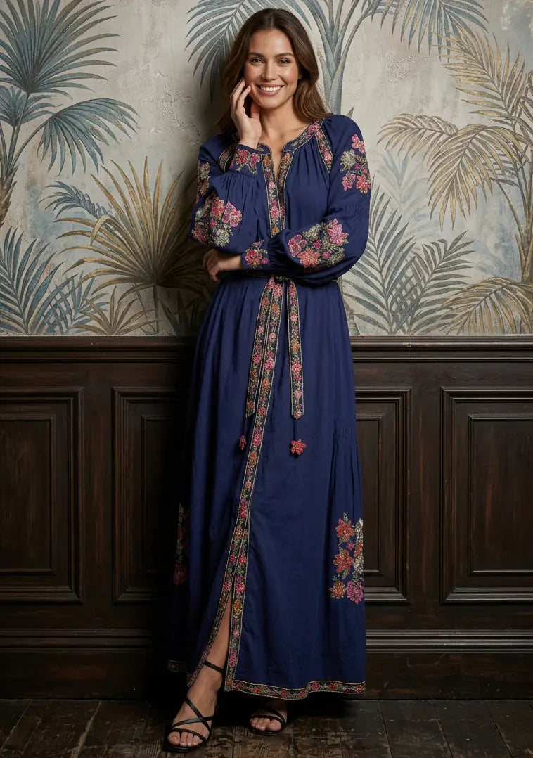 Women’s Cotton Long Dress with Hand Embroidery - Zayra