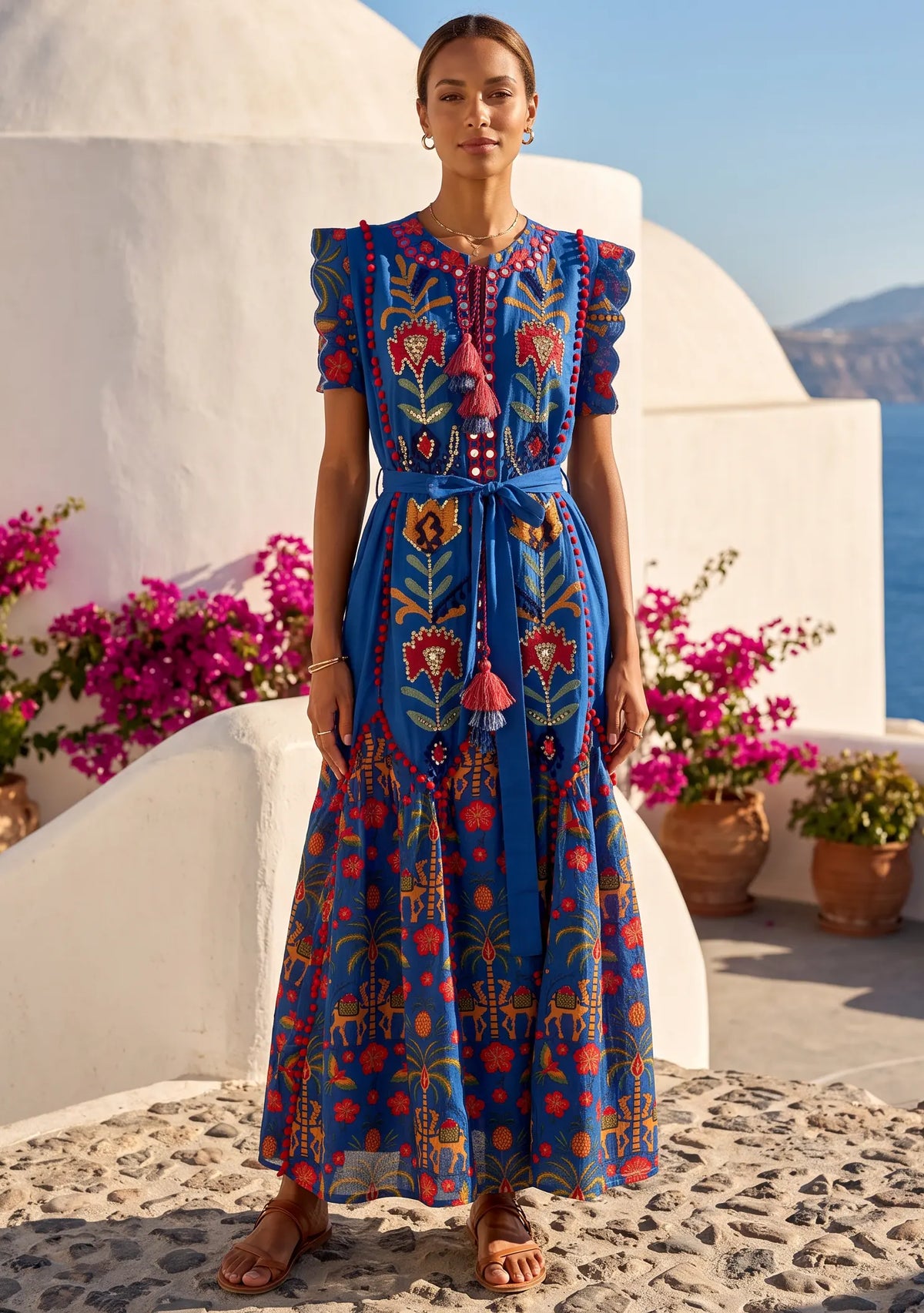 Women’s Blue Printed Cotton Hand Embroidery Dress - Yamna