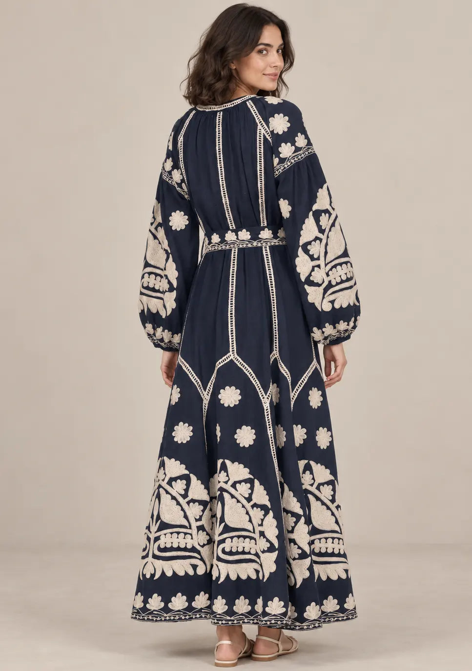 Women’s Cotton Embroidered Floral Long Dress - Ayat