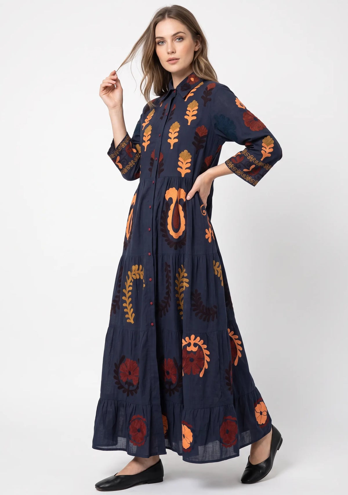 Women’s Cotton Hand-Embroidered Tiered Long Tunic - Ambir