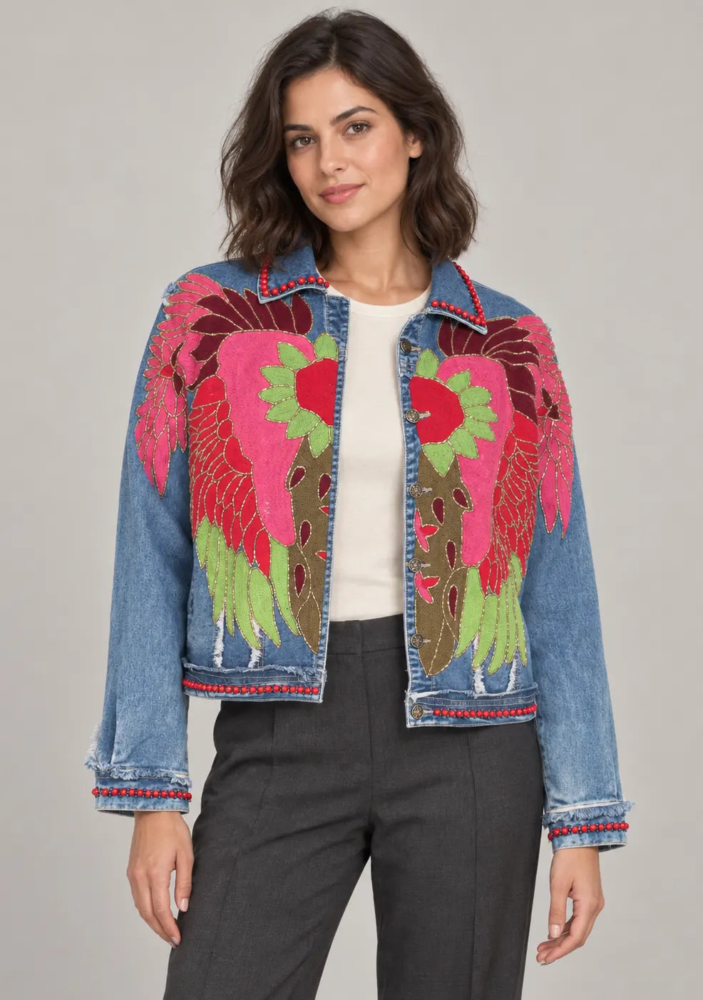 Women’s Cotton Denim Jacket with Hand-Embroidered - Fizro