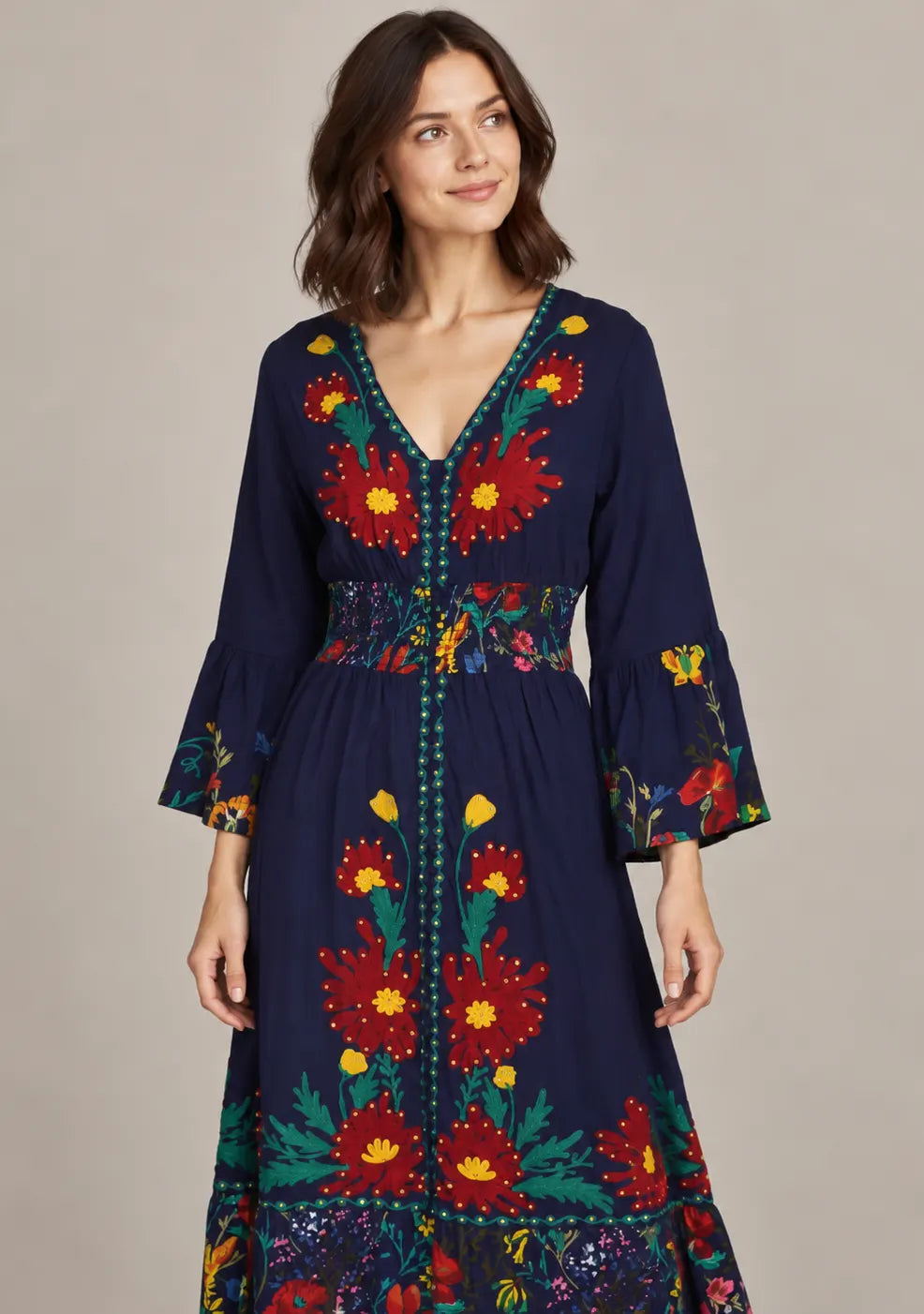 Women’s Cotton Jersey Floral Maxi Dress with Hand Embroidery - Fazli