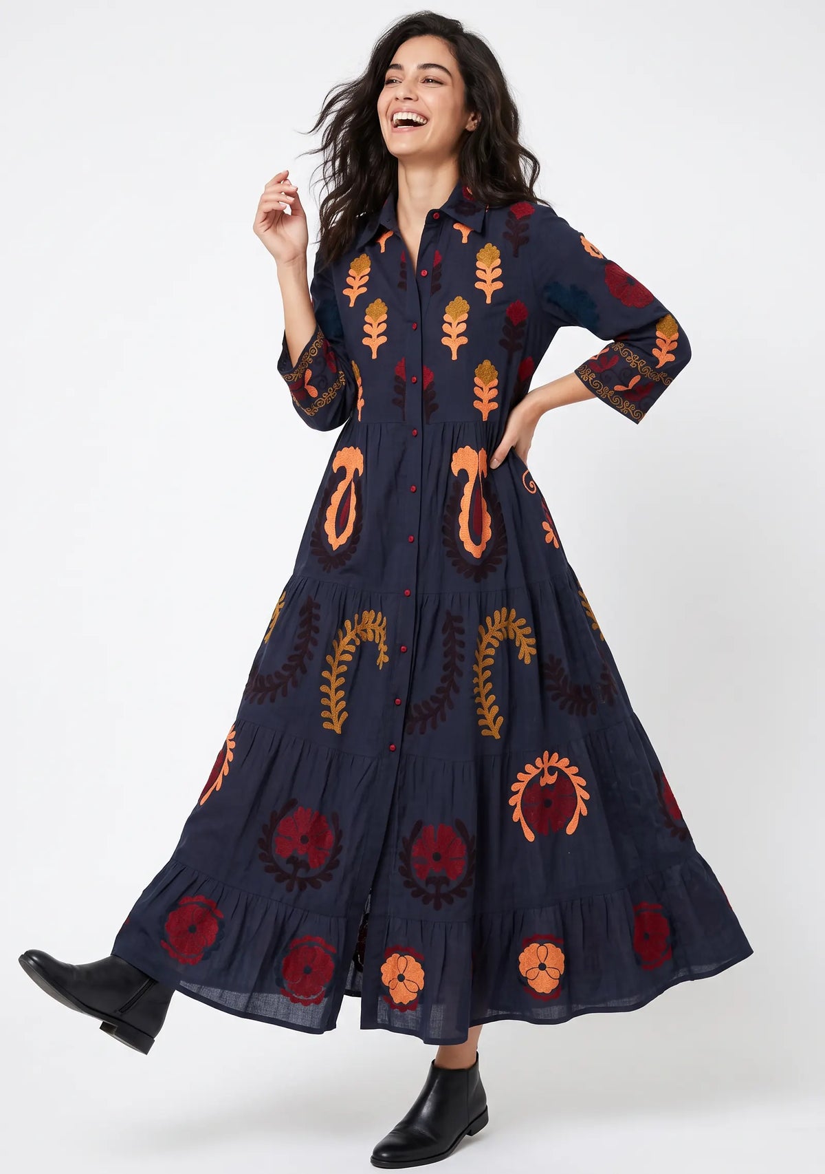Women’s Cotton Hand-Embroidered Tiered Long Tunic - Ambir