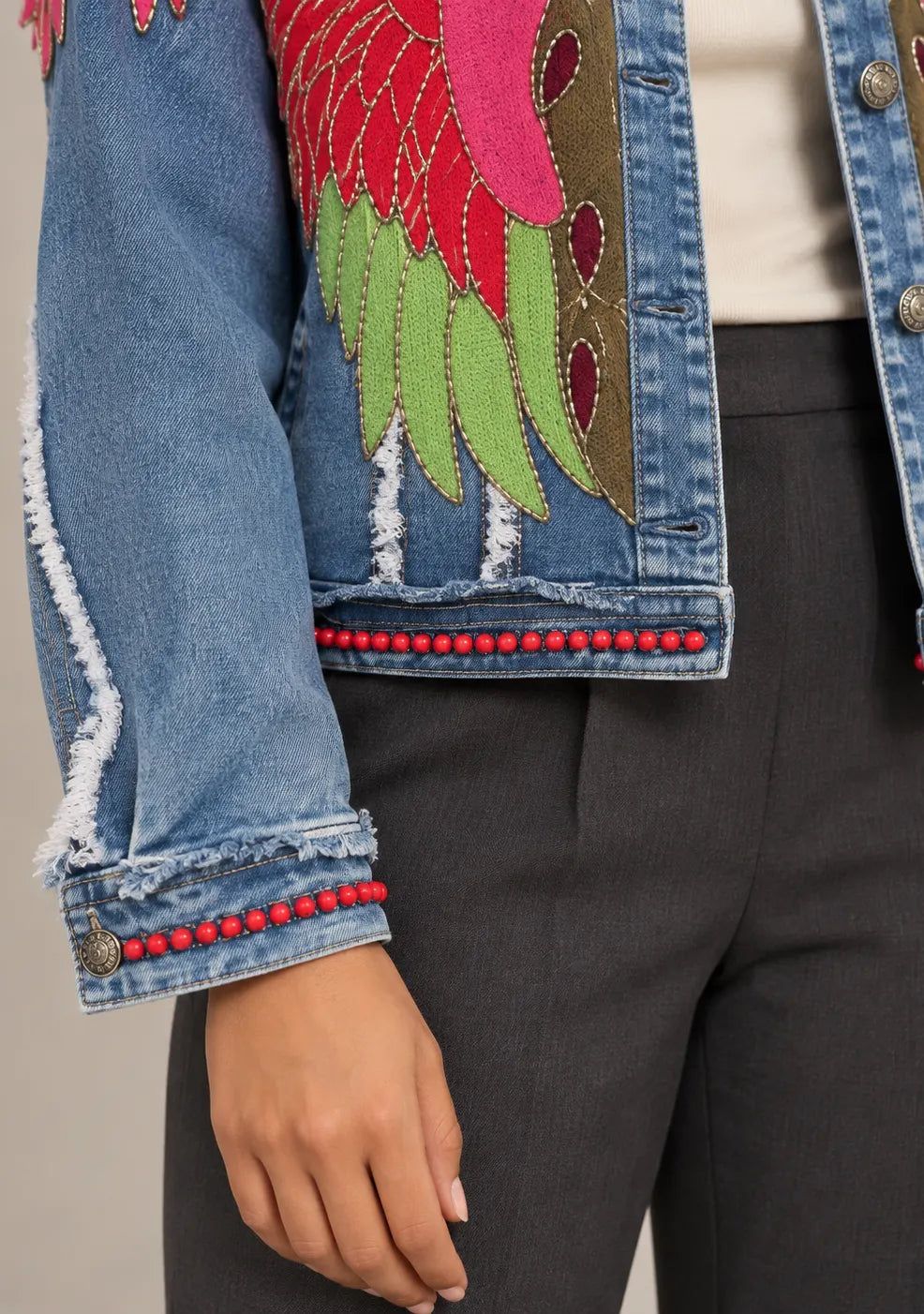 Women’s Cotton Denim Jacket with Hand-Embroidered - Fizro