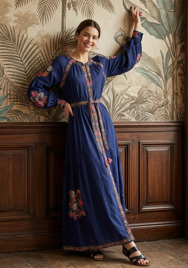 Women’s Cotton Long Dress with Hand Embroidery - Zayra