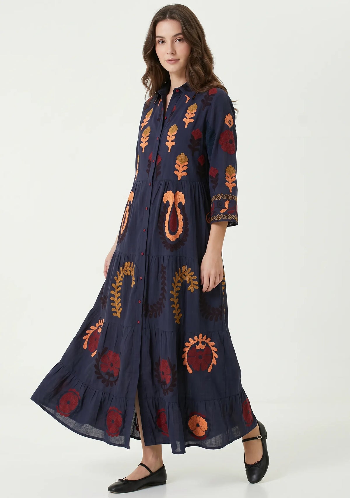 Women’s Cotton Hand-Embroidered Tiered Long Tunic - Ambir
