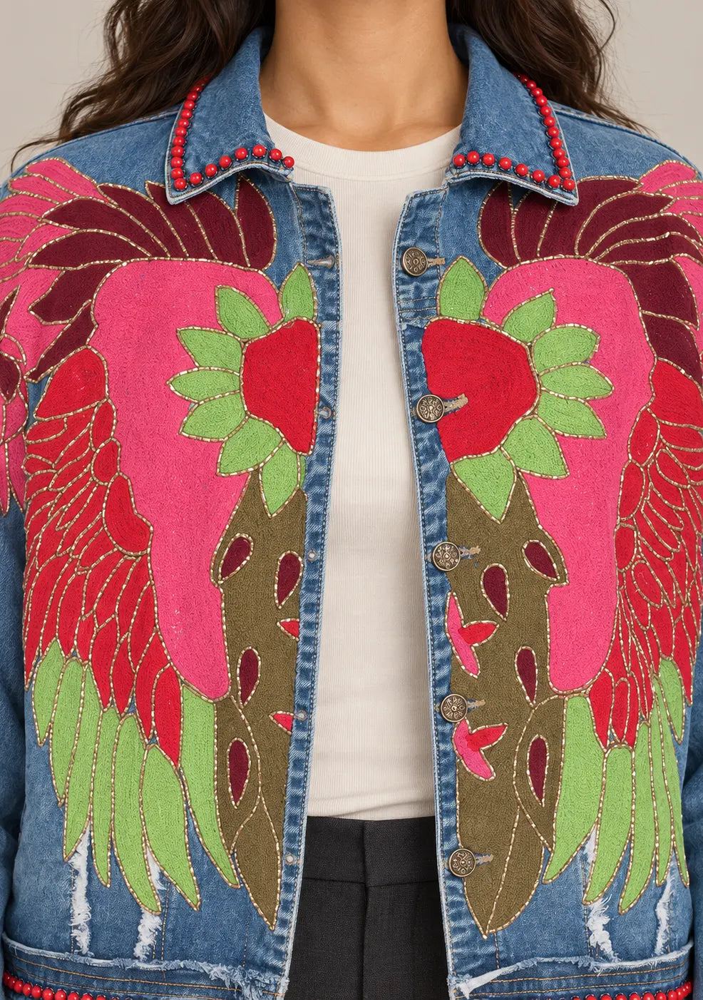 Women’s Cotton Denim Jacket with Hand-Embroidered - Fizro