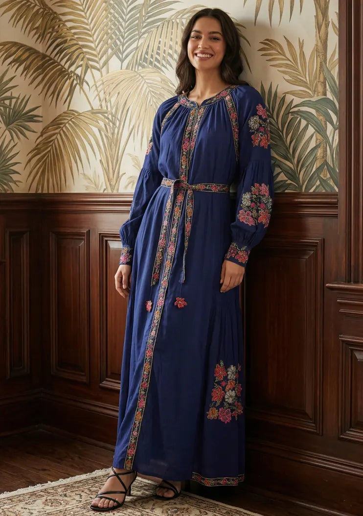 Women’s Cotton Long Dress with Hand Embroidery - Zayra